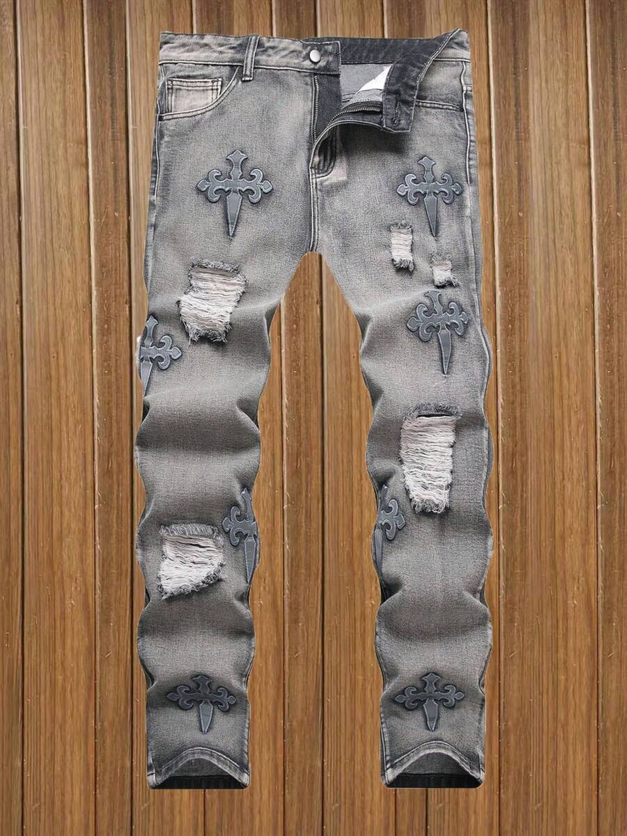 Boys Casual Elastic Waist Distressed Jeans - 灰色 - 查看 1