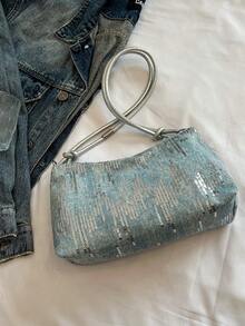 1 pièce Mini sac à bandoulière en PVC en forme de croissant de lune pailleté pour femmes - Bleu ciel - Voir 8