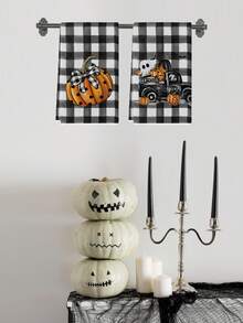 2 Pcs Halloween Vintage Pumpkin Ghost Bathroom Hand Towels Spider Web Bat Witch Hat Black Cat Farmhouse Dining Room Decor Kitchen Towels - Black - View 4