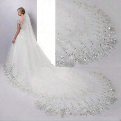 118inx118in Bride Wedding Lace Veils Long Cathedral Veil Soft Tulle Bridal Veils With Comb, Photographing Studio