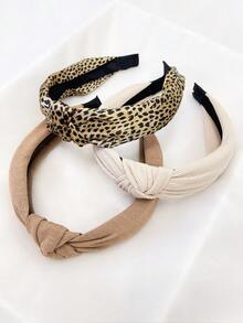 3pcs/Set Women Khaki Leopard Print & Solid Color Fabric Headbands, Versatile Outdoor Headwear Accessories For Daily Use, Hairband For Women, Home Beauty Women Accessory Gifts, Hair Hoop