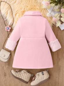 女婴时尚柔软纯色长款风衣夹克，休闲秋冬外套 - 粉色 - 查看 2