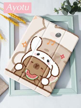 Ayotu Capybara, Watermelon, Cartoon Animal Pattern IPad Protective Case, Compatible With 10.2-Inch IPad (9th/8th Gen) 2021/2020, Compatible With 2022 Galaxy Tab A8 10.5-Inch, Compatible With Huawei MatePad 10.4/Tab, With Pencil Slot, Supports Auto Sleep/Wake Function, Fashionable Protective Cover