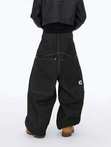 1件 Infinite Jeans 美国街头嘻哈拼接刺绣男士阔腿宽松裤，时尚高街休闲牛仔裤，适合所有季节（产品不含腰带和配饰） - 黑色 - 查看 1