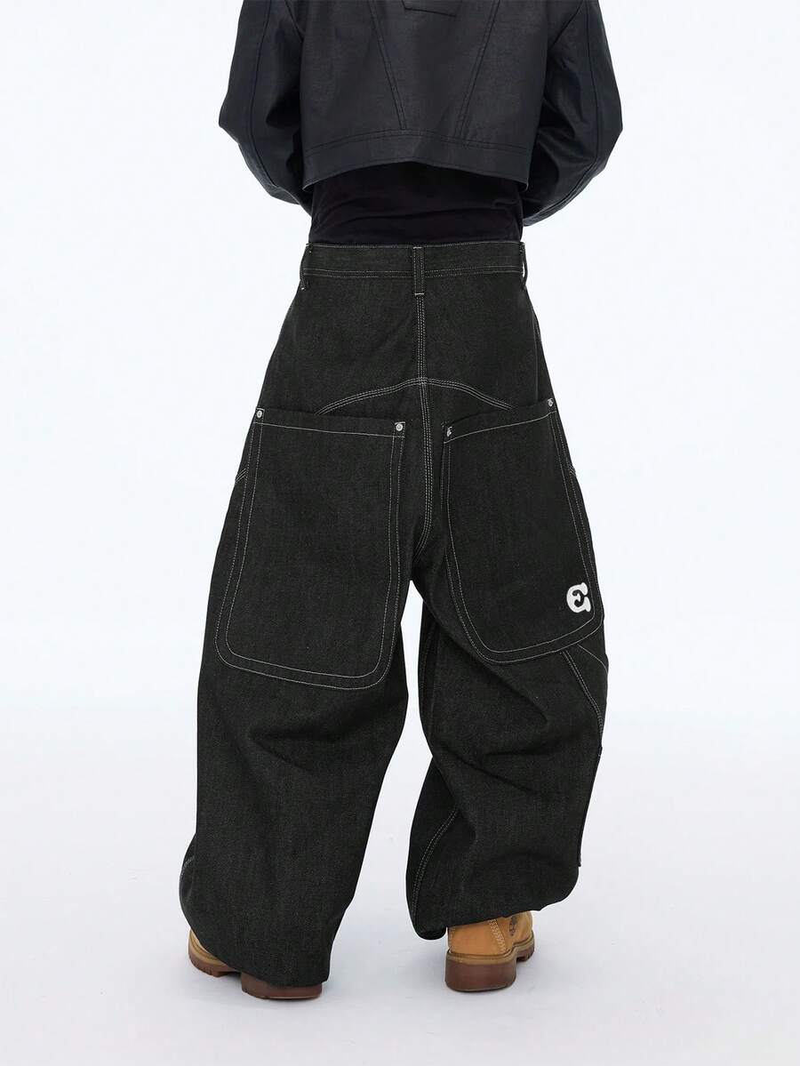 1件 Infinite Jeans 美国街头嘻哈拼接刺绣男士阔腿宽松裤，时尚高街休闲牛仔裤，适合所有季节（产品不含腰带和配饰） - 黑色 - 查看 1