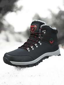 秋冬抓绒雪地靴军靴青少年校园学生抓绒短靴户外雪地靴登山靴徒步靴防寒保暖耐穿 - 黑色 - 查看 3