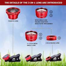 3 In 1 Phone Camera Lens Kit Camera Lens With Clip Fisheye Lens Wide Angle Lens And Macro Lens For Smartphones , Andorid (Red) - 紅色 - 查看 4