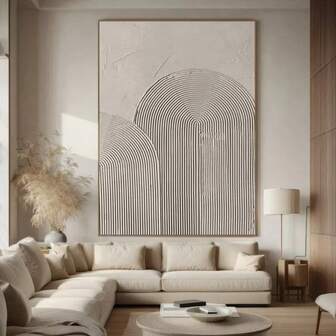 极简主义白色和米色抽象纹理墙面艺术 - 手绘帆布油画，适用于客厅、办公室或接待处装饰（无框），大型帆布墙面艺术