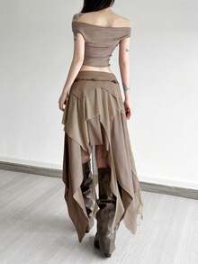 上衣 Dazzle 性感开叉不对称高腰修身半身裙 - 卡其色 - 查看 5