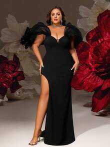 Smilprince 加大码性感黑色露肩礼服，透明网眼袖，高开叉紧身晚礼服，女士返校节派对礼服，优雅舞会礼服，迷人礼服 - 黑色 - 查看 4