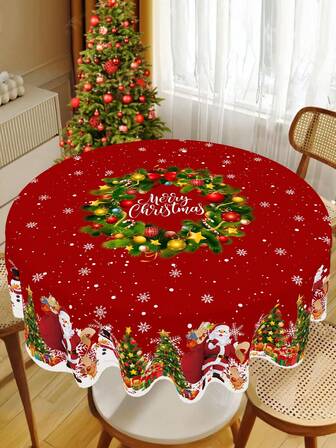 1 pieza Mantel de Navidad, Mantel de poliéster con corona de Papá Noel y renos, Decoraciones navideñas para la decoración del hogar 2025 Fiestas de invierno Decoración de mesa de cocina y comedor, Mantel redondo y rectangular, Suministros para fiestas de Navidad