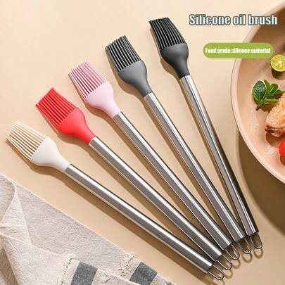 Stainless Steel Silicone Heat-Resistant Kitchen Brush Set, Household Oil Brush, Barbecue Baking Tool, Barbecue Brush, Silicone Brush, Hot Item
