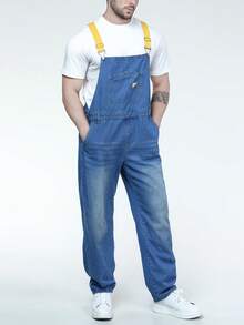 Plus Size Men's Non-Stretch Shoulder Strap Contrast Color Washed Cat Whisker Bib Overalls Jeans