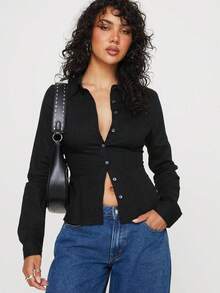 Women Stripe Shirt Long Sleeve Laple Button Down Slim Fit Tops Streetwear For Casual Daily - 黑色 - 查看 2