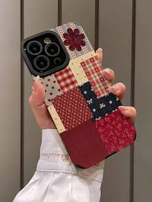 WeiMi 1pc Fashionable Retro Cute Plaid Floral Patchwork Vertical Faux Leather Texture Protective Soft Phone Case Compatible With Iphone And 16/16PLUS/16PRO/16PROMAX - Multicolor - View 3