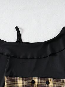 Girls' Oblique Shoulder Long Sleeve Knitted Ribbed Patchwork Plaid Dress, Spring/Autumn