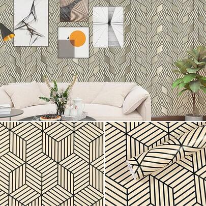 1 Rolle schwarzes geometrisches Muster selbstklebende Tapete, PVC beige und schwarze Linie, ethylenbasiert, abnehmbar, Kontaktpapier für Wohnzimmer, Küche, Schlafzimmer, Tisch Renovierung, Möbel Renovierung und Heim Dekoration, Tapete zum Selbermachen, 45cm x 100cm/300cm/500cm/1000cm Wandpapier, Wandaufkleber, Raumdekoration, Wohnzimmer Dekoration