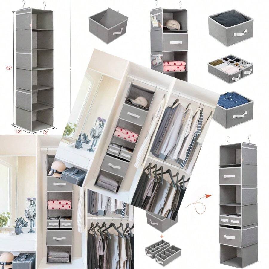 Univivi Hanging Closet Organizer And Storage Shelf6 Tier Hanging Closet Organizer With Drawers NonWoven Fabric Dark Gray