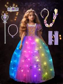 UPORPOR 女童万圣节发光公主裙、儿童派对裙、同步音乐、应用程序远程控制、万圣节角色扮演服装、带皇冠、魔杖、假发、手套、项链（不含电池）