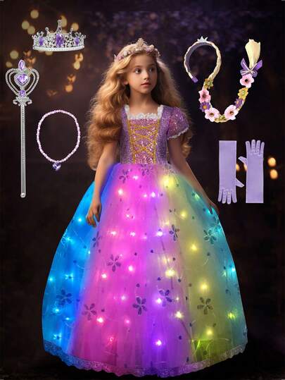 UPORPOR 女童万圣节发光公主裙、儿童派对裙、同步音乐、应用程序远程控制、万圣节角色扮演服装、带皇冠、魔杖、假发、手套、项链（不含电池）
