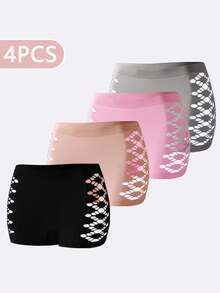 4pcs/Pack Solid Color Seamless Women's Underwear, Comfortable Breathable Geometric Hollow Mesh Sides Mid-Waist Fashionable Briefs