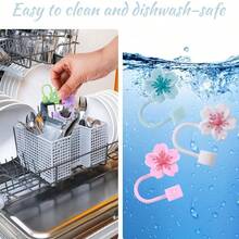 9/13 Stücke Becher Zubehör, Kirschblüten Silikon Strohhalm Abdeckkappe, Strohhalm Aufsatz für 10mm/0,39 Zoll Strohhalme, wiederverwendbarer Glitzer Strohhalm und Reinigungsbürste, perfekt für Outdoor-Aktivitäten und Sport