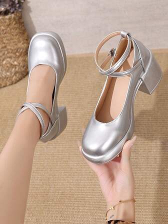 Elegant Mary Jane Silver High Heel Buckle Strap Fashion Flats, Soft Sole Comfortable, Not Tiring To Wear For Long, New Campus Style Loafer Flats