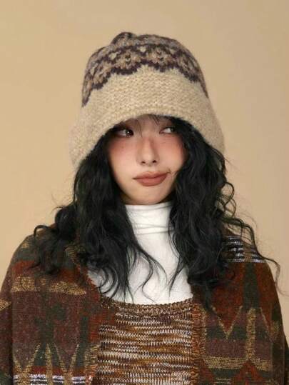 1 peça de chapéu de balde de malha jacquard, design exclusivo, coroa profunda, corte pequeno, chapéu de balde, roupas de outono