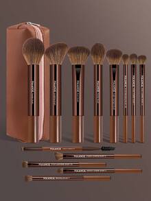 MAANGE 13/15/17/18/21件套化妆刷套装，包含14支化妆刷+1个化妆包+2个化妆海绵，包括粉底刷、腮红刷、散粉刷、眼影刷、睫毛刷、眉刷、唇刷、高光刷和遮瑕刷。化妆刷套装，旅行化妆刷套装，送给女性和女孩的礼物。 - 鏽棕色 - 查看 16