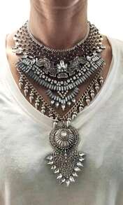 Collar de declaración boho con monedas y borlas gruesas plateado para mujeres - Rojo y blanco - Ver 7