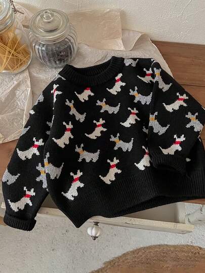 Maglione casual natalizio a motivo di cani lavorato a maglia, unisex per bambini, pullover caldo a girocollo per autunno/inverno