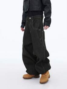 1件 Infinite Jeans 美国街头嘻哈拼接刺绣男士阔腿宽松裤，时尚高街休闲牛仔裤，适合所有季节（产品不含腰带和配饰） - 黑色 - 查看 5