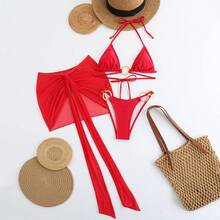 3pcs Set Women Velentines Hibiscus Red Swimwear For Summer Days From Poolside To Beachside, Basic Elegant Bikini Floral Decor Coverups Sarong Beachwear