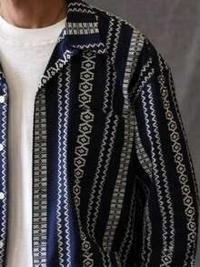 休闲美式几何图案宽松宽领长袖衬衫秋季 - 藏蓝色 - 查看 4