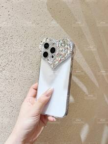 Ốp lưng điện thoại trong suốt hình trái tim đính đá Y2k trang trí ngày lễ tình nhân có đính đá nhiều màu, chống sốc, chống nước, chống rơi, chống trầy xước - Bạc - Xem 4
