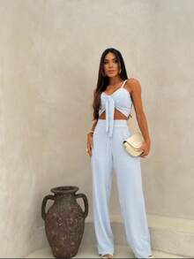 Women's Fashion | Casual Style | Wide Leg Pants | Tie-Up Top | Stylish Set | Summer  | Striped Set - 藍白色 - 查看 2
