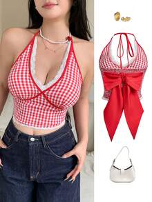 Vintage Red Plaid Sexy Deep V-Neck Backless Lace Crop Top, Bowknot Decor, Casual Elegant Cute, Young & Fiery Girl Style, Back To School Spring/Summer New Women's Wear - Red - View 2
