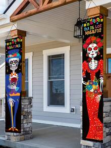 2 件/套亡灵节悬挂旗帜、悬挂横幅布、万圣节派对门廊装饰门帘对联、墨西哥风格怪异骷髅图案节日派对用品、商店和酒店旗帜门装饰、家庭聚会节日派对背景装饰用品、室内/室外装饰 - 彩色 - 查看 2