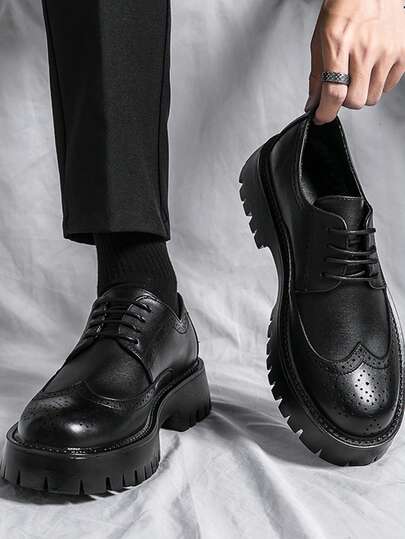 Men's Round Toe Breathable Leather Shoes, Thick Sole Lace-Up Carved Pattern Casual Daily Work Business Shoes, British Style