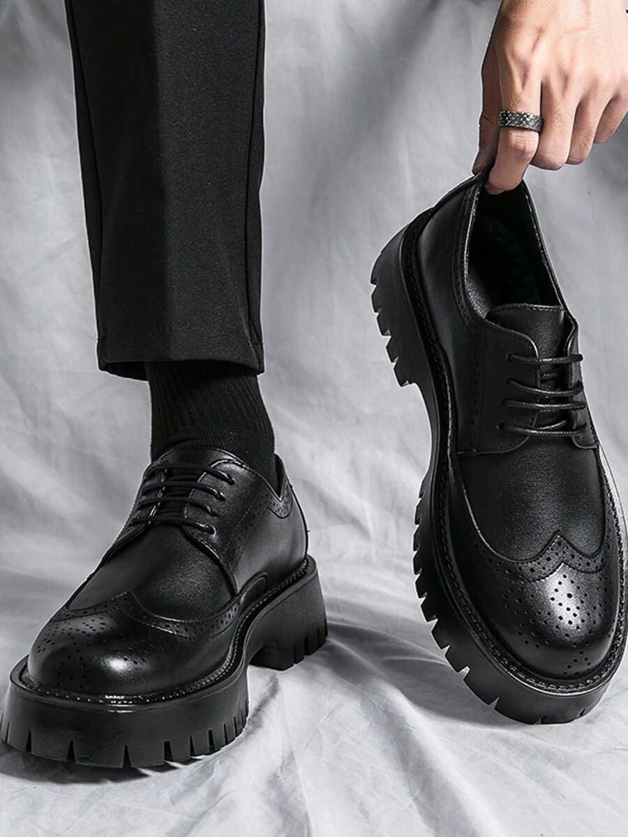 Men's New Round Toe Breathable British Style Thick Sole Height Increasing Lace-Up Casual Daily Work Business Leather Shoes - Black - View 1