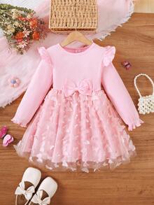 Girls' Butterfly Applique Long Sleeve Mesh Dress, Sweet & Fashionable For Autumn/Winter Party, Birthday - Pink - View 1