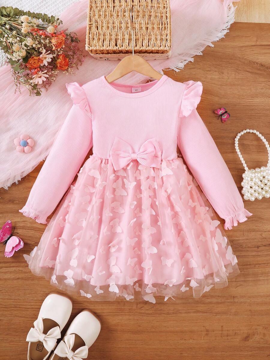 Girls' Butterfly Applique Long Sleeve Mesh Dress, Sweet & Fashionable For Autumn/Winter Party, Birthday - Pink - View 1