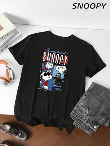 SNOOPY وجوه سنوبي المتعددة منذ ظهور سنوبي قصير الأكمام للرجال، الرسوم الكرتونية الجميلة لافتة للنظر، والقصة الفضفاضة مريحة للغاية للارتداء اليومي - الأسود - مشاهدة 1