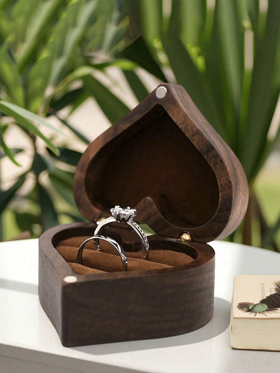 1 Stück Herzförmige Doppelring-Box aus Holz mit braunem Samtfutter - elegantes Schmuckgeschenk für Verlobung, Hochzeit, Jahrestag - dekoratives Design, Schmuckschatulle