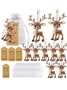 Set de 15 piezas de llaveros de reno de dibujos animados, incluye 5 llaveros de reno, 5 bolsas de organza y 5 tarjetas de agradecimiento, adecuado para fiestas de Navidad, bodas, cumpleaños, aniversarios, despedidas de soltero, vacaciones y fiestas, una opción perfecta para amigos y familiares