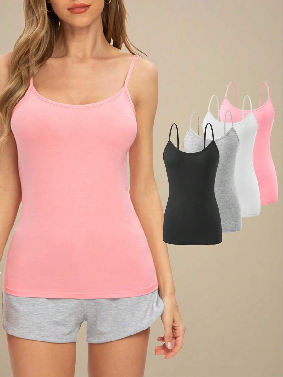 4-Pack Women's Basic Solid Color Camisole Top 4-Pack - Adjustable Spaghetti Strap Sleeveless Tank Tops For Women, Soft Stretch Summer Layering Essentials - Đen + Trắng + Xám + Hồng - Xem 1