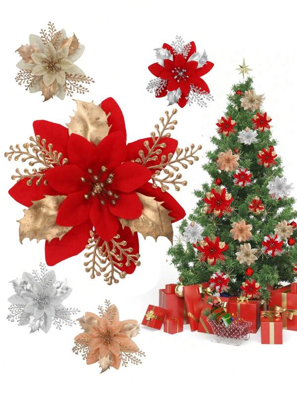 12 peças, Flores de Decoração de Árvore de Natal, Flores de Natal, Flores Artificiais, Coroas de Natal, Acessórios de Decoração de Árvore de Natal, Decoração de Cenário, Decoração de Quarto, Decoração Doméstica, Decoração de Festa de Feriado, Decoração de Natal - Sem Clipes e Hastes, Por Favor, Traga os Seus Próprios