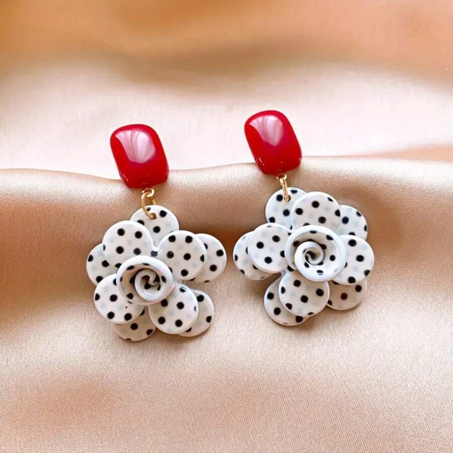 Elegant Polka Dot Flower Drop Earrings, Acrylic Dangle With Stainless Steel Ear Needle, Chic Jewelry For Women, For Daily Wear And Gifting, All-Season Versatile Accessory - Đen và trắng - Xem 1