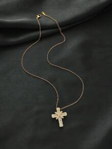 1pc European & American Hip-Hop Style Micro-Inlaid Zirconia Cross Pendant Necklace, Suitable For Women's Hip-Hop Parties, Daily Commute Wear - Gold - View 4