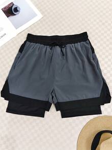 1 Piece Men's 2-In-1 Lightweight Athletic Shorts With Drawstring Waist, Geometric Print - Breathable And Quick-Drying Fabric For Gym, Running And Casual Wear - 灰色 - 查看 1